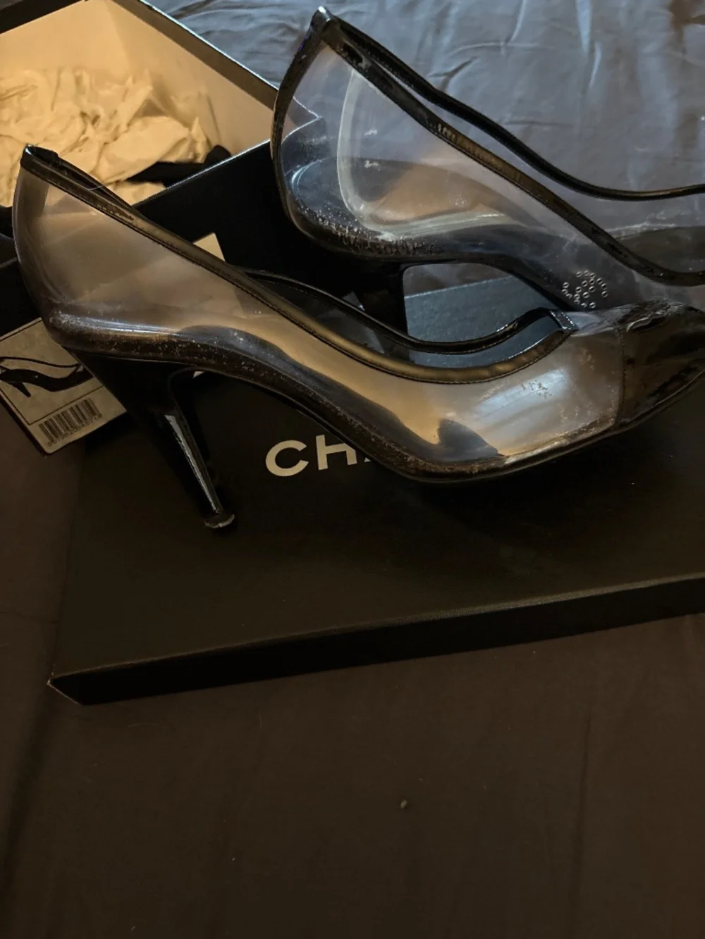 Chanel Black Patent and Clear Heels